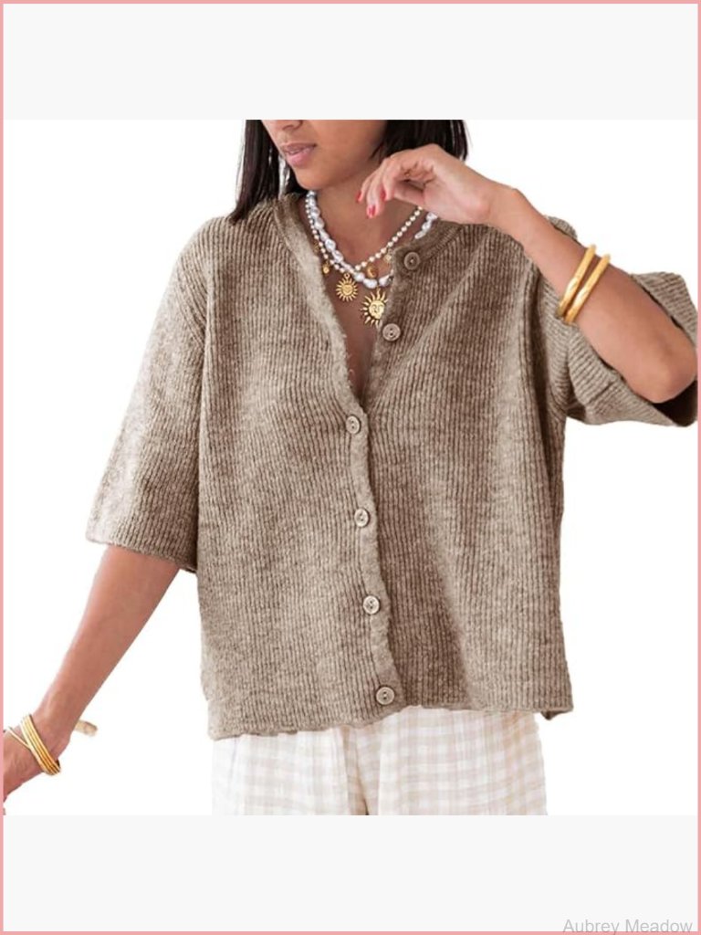 Short Sleeve Cropped Cardigan Crew Neck Button Down Ribbed Knit Sweater Y2k